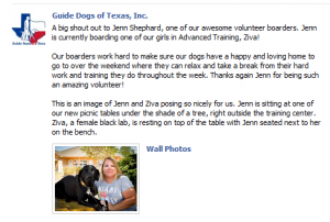 Photo of recent Facebook post honoring a Guide Dogs of Texas Volunteer