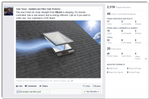 Screen capture of Solar Texas Facebook Ad test